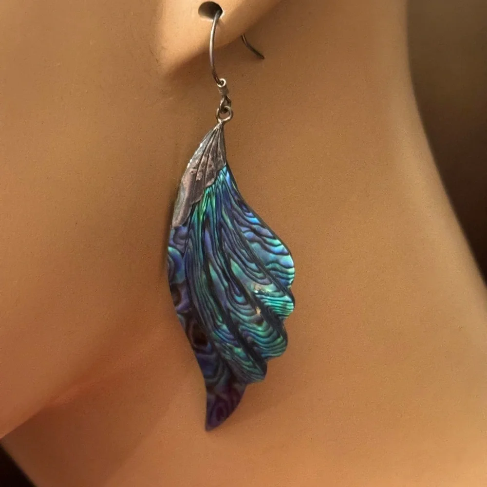Beautiful abalone and silver plate feather earrings